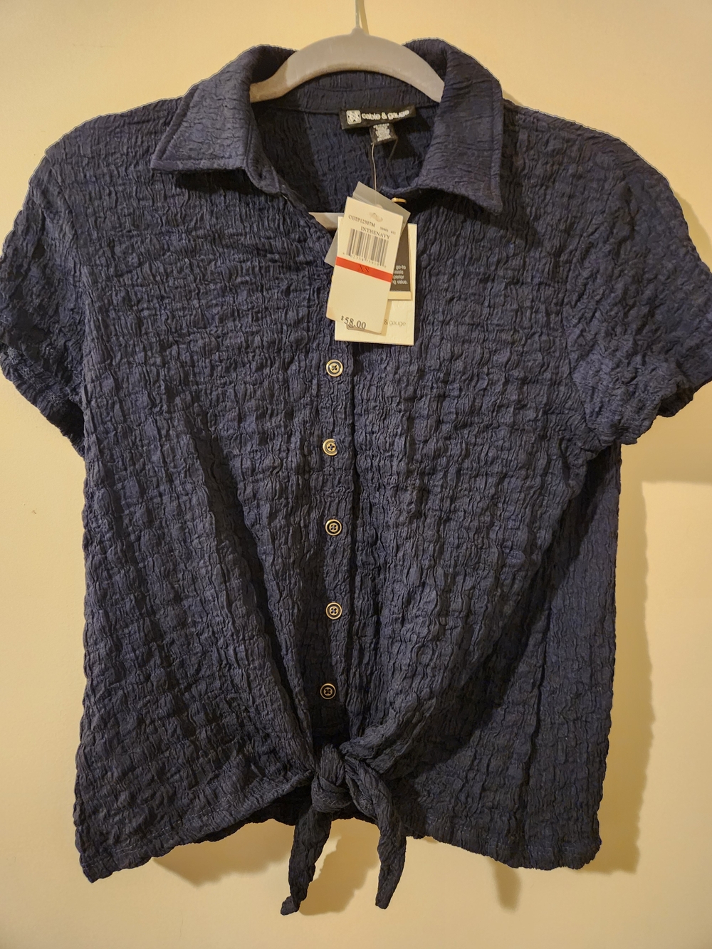 Cable & Gauge Navy Crinkle Short-Sleeve Button-Down Tie-Front Shirt